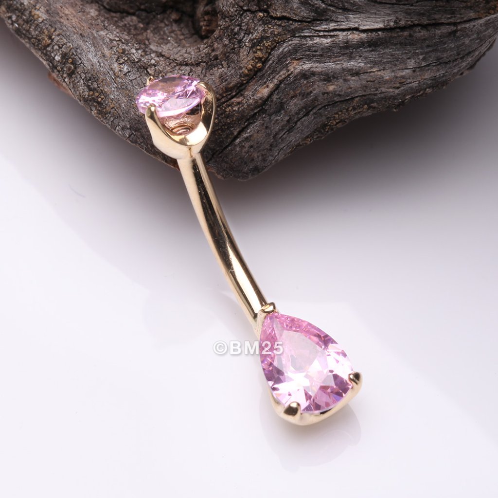 14 Karat Gold Dainty Brilliant Teardrop Sparkle Belly Button Ring - Pink Gem 222$